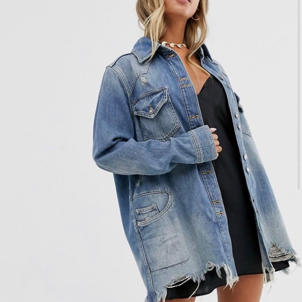 Free People Light Blue Distressed Jean Jacket